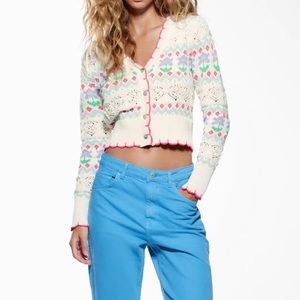 Zara FLORAL JACQUARD KNIT CARDIGAN, size M